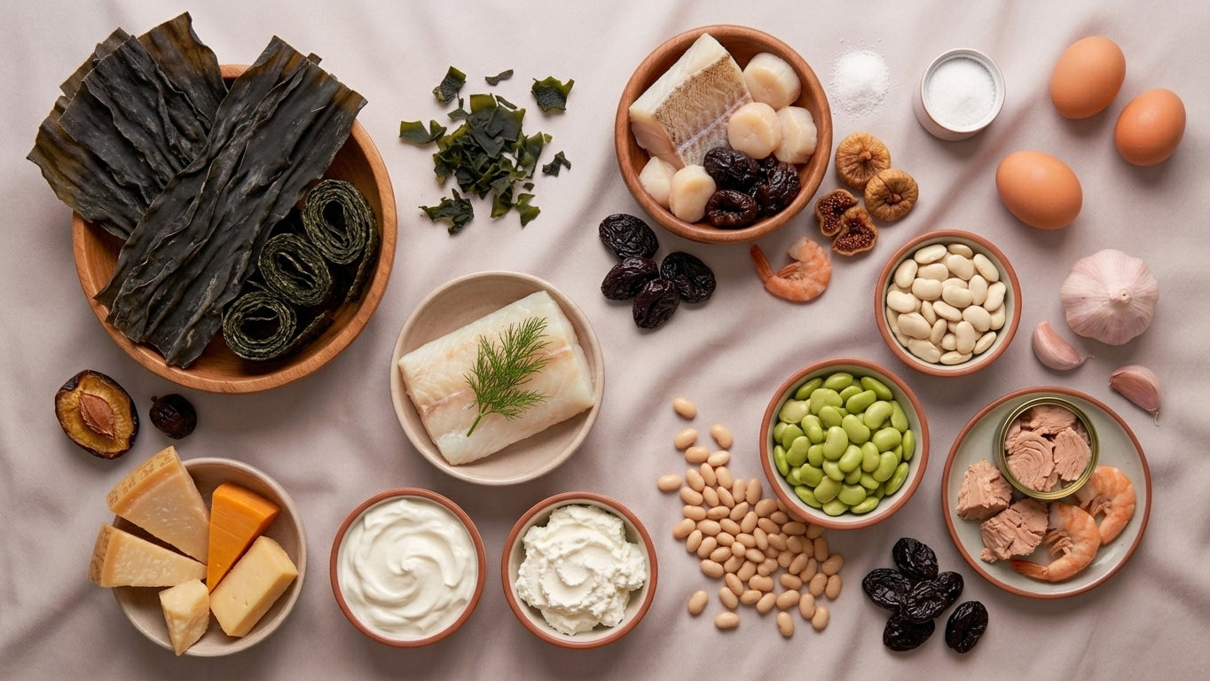Auswahl jodreicher Lebensmittel wie Fisch, Eier und Milchprodukte auf hellem Hintergrund.