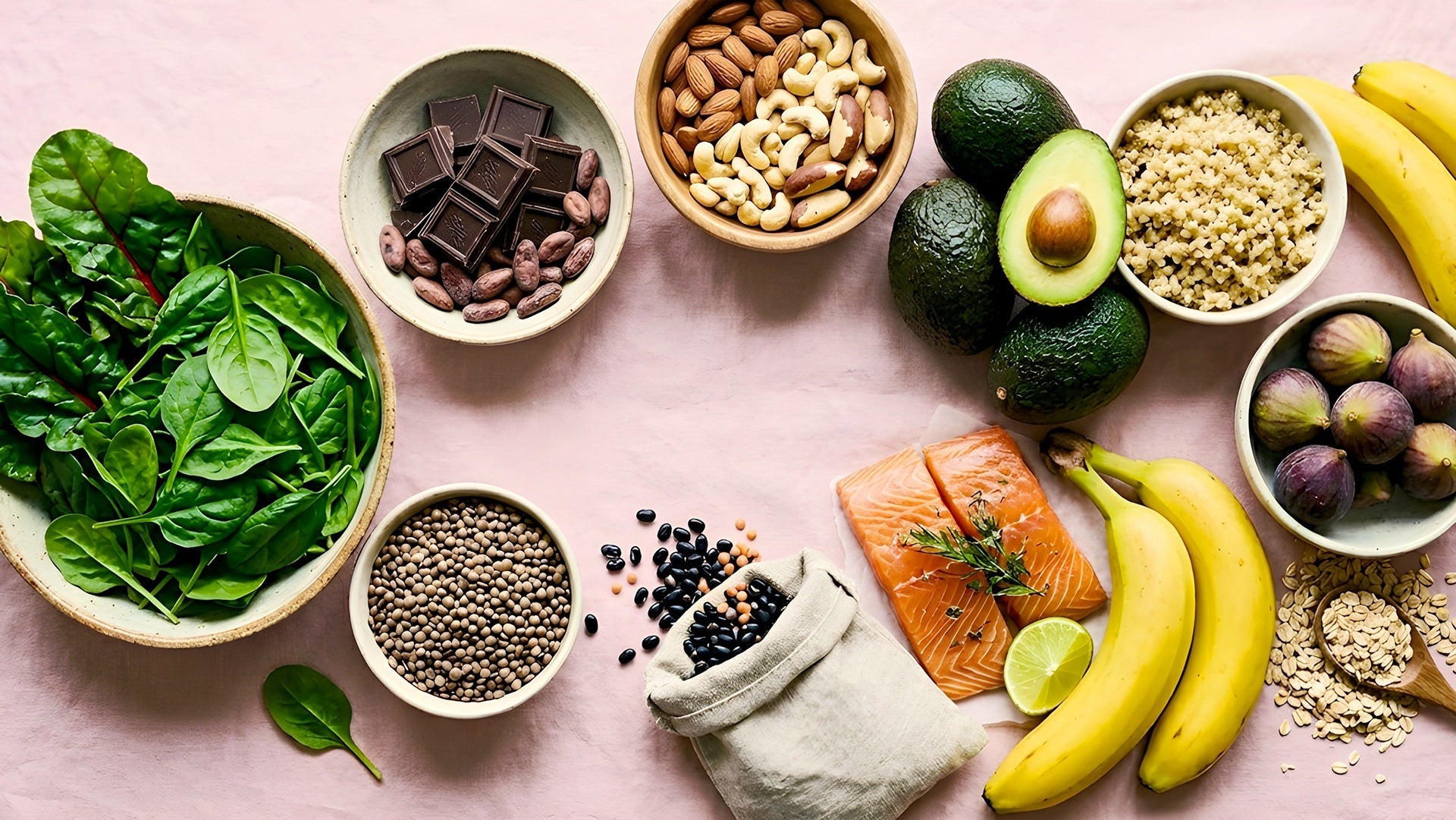 Auswahl an Magnesium-reichen Lebensmitteln wie Nüsse, Samen,  Haferflocken und Nüssen auf hellem Untergrund.